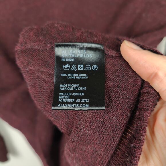 AllSaints Wasson Jumper Womens 4 Burgundy Draped Back 100% Merino Wool Goth - Picture 9 of 9